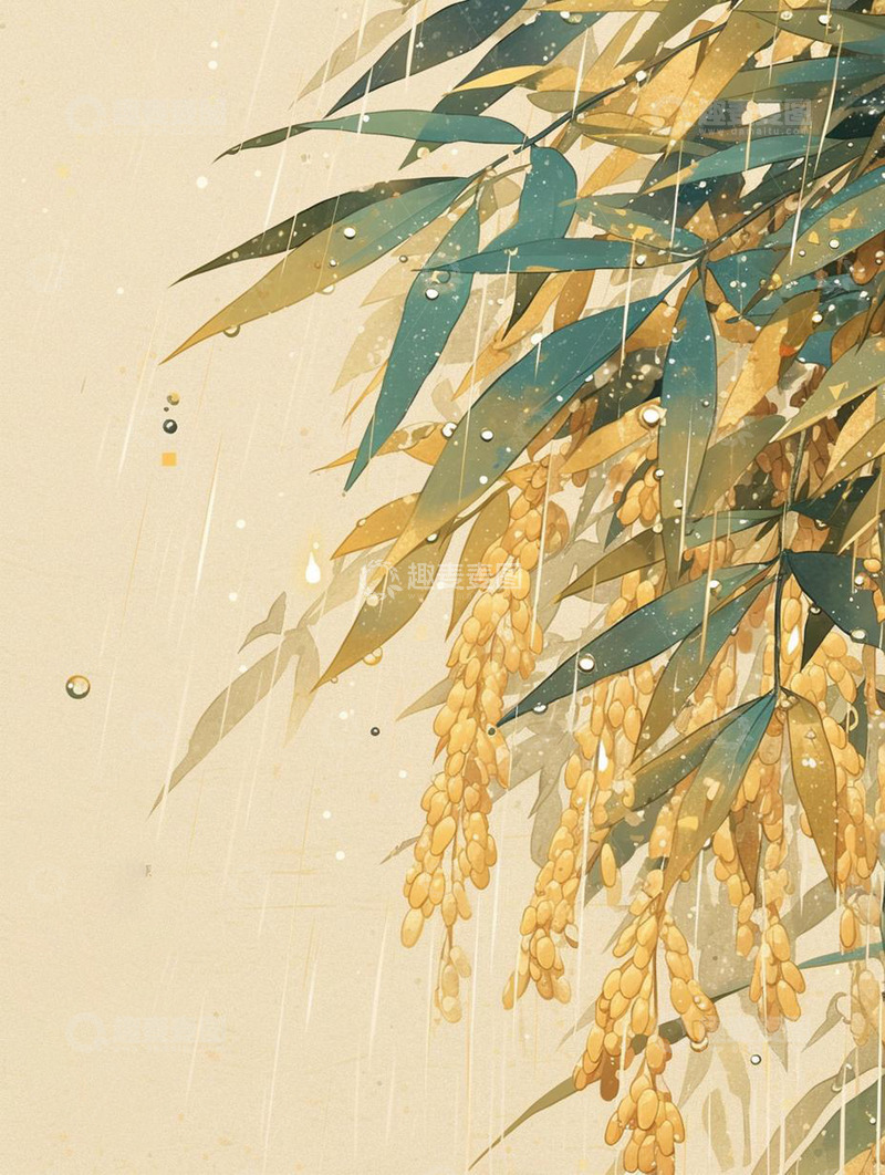 高清大图下载【趣麦麦图】雨天稻花香工笔画背景