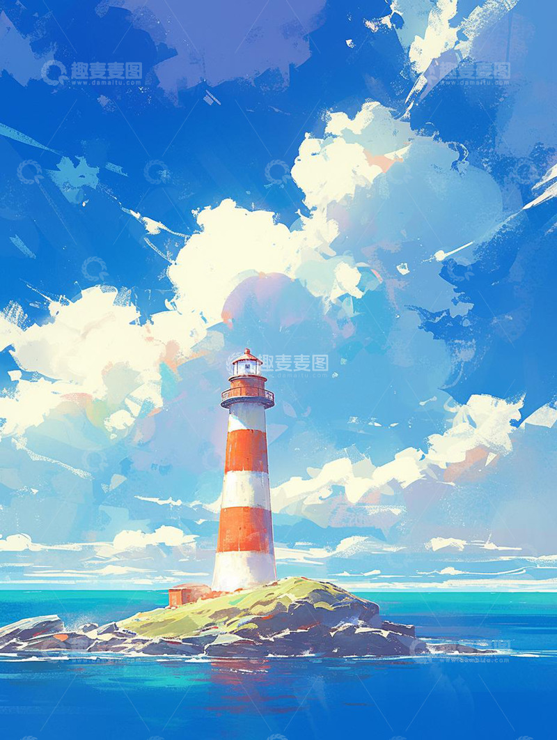 高清大图下载【趣麦麦图】海面上高高耸立的灯塔漫画