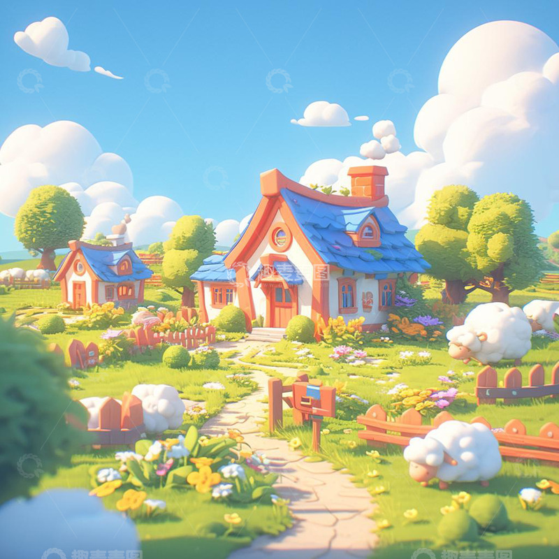 高清大图下载【趣麦麦图】可爱农场绵羊游戏场景