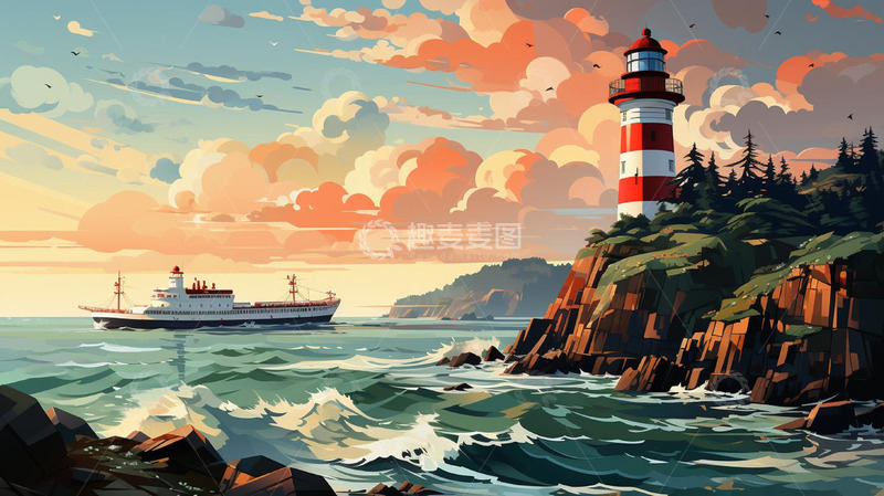 高清大图下载【趣麦麦图】傍晚海上航行的游轮