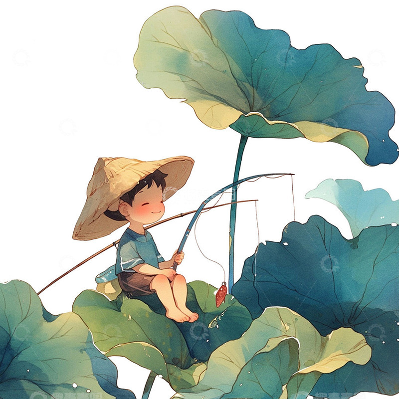 高清大图下载【趣麦麦图】坐在荷叶上钓鱼的男孩