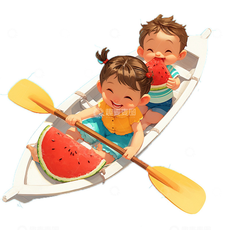 高清大图下载【趣麦麦图】俯视小船西瓜男孩