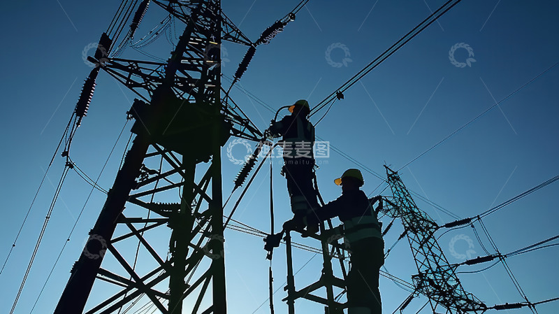 高清大图下载【趣麦麦图】高压电线电路电网维修工人剪影背景