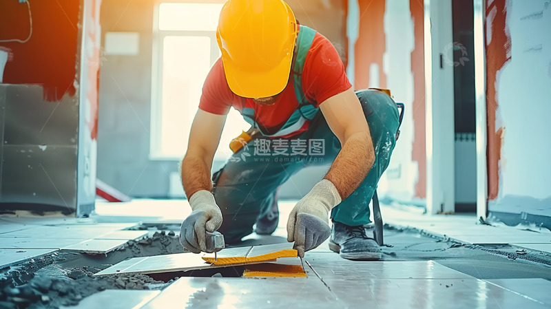高清大图下载【趣麦麦图】建筑装修地板贴砖工人工作场景