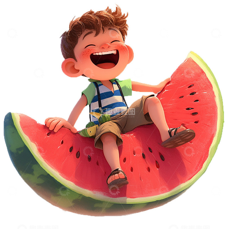 高清大图下载【趣麦麦图】坐在西瓜上的男孩