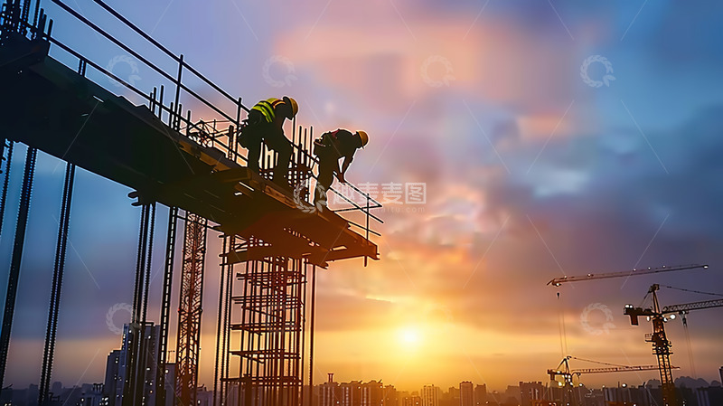 高清大图下载【趣麦麦图】建筑工地工人傍晚工作人员