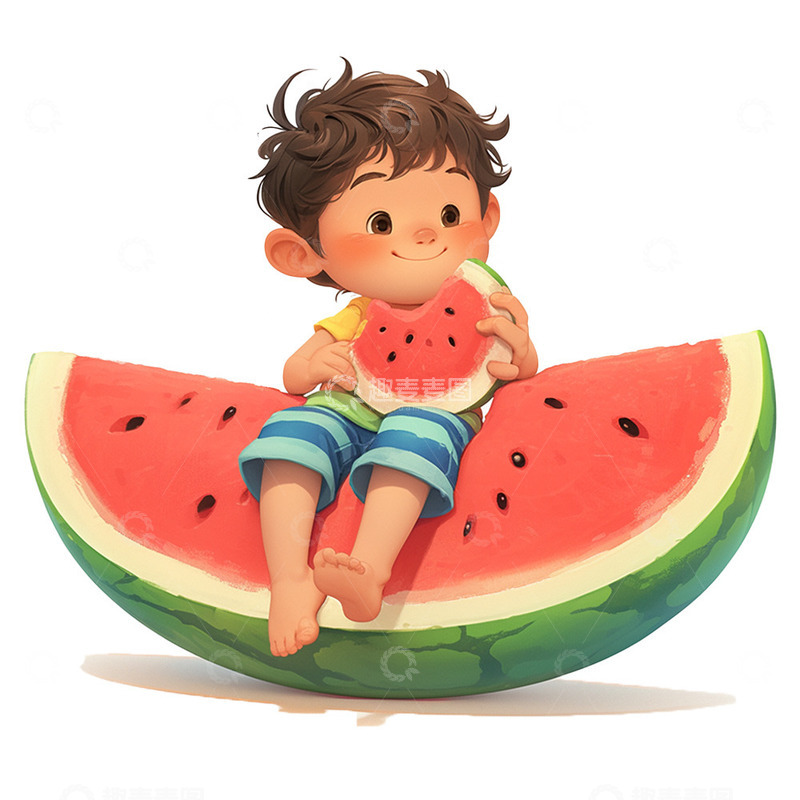 高清大图下载【趣麦麦图】夏日坐在西瓜上的卡通男孩