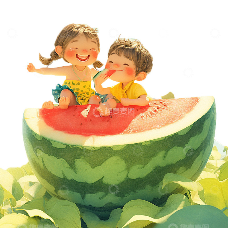 高清大图下载【趣麦麦图】阳光下坐在西瓜上的小孩
