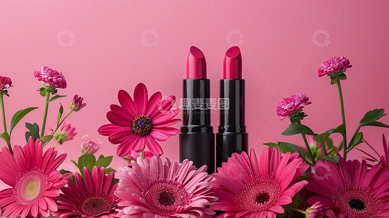 高清大图下载【趣麦麦图】粉色雏菊背景唇膏拍摄图