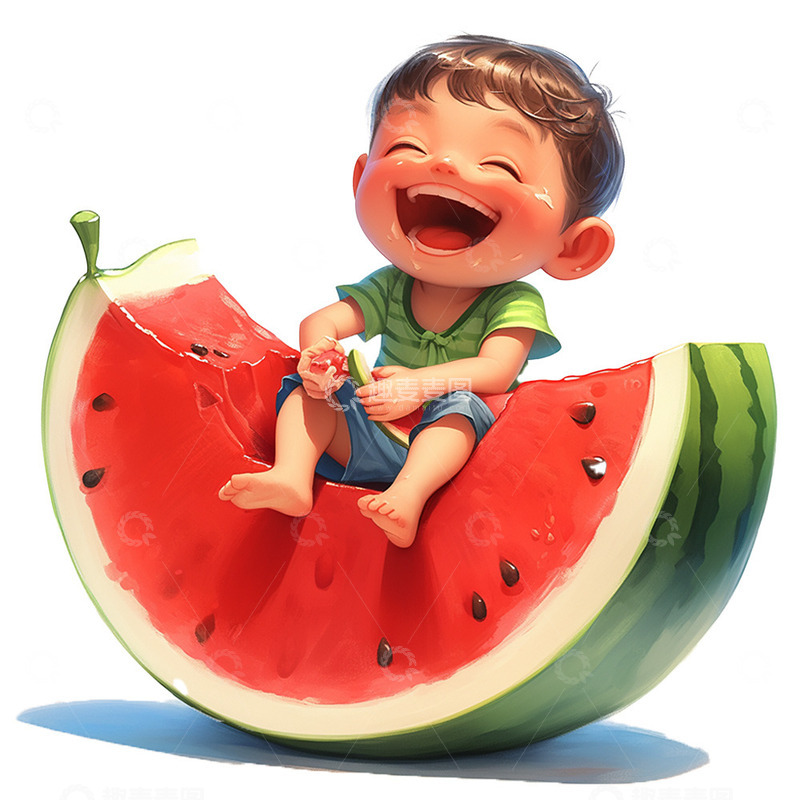 高清大图下载【趣麦麦图】阳光下坐在西瓜上的男孩
