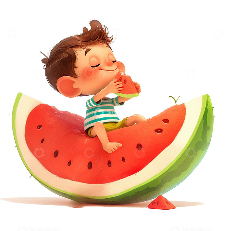 高清大图下载【趣麦麦图】坐在西瓜上的小男孩