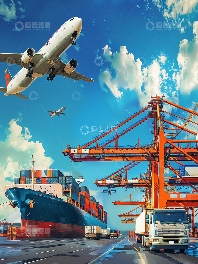 高清大图下载【趣麦麦图】港口飞机起重机集装箱背景