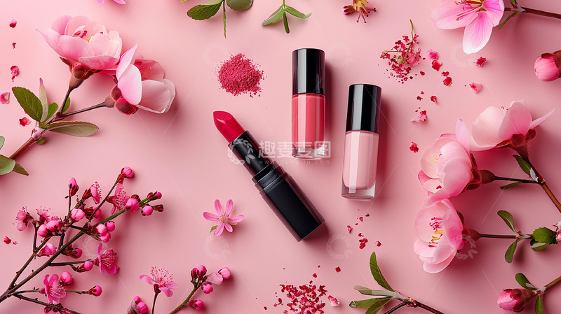 高清大图下载【趣麦麦图】花朵背景唇膏化妆品拍摄图