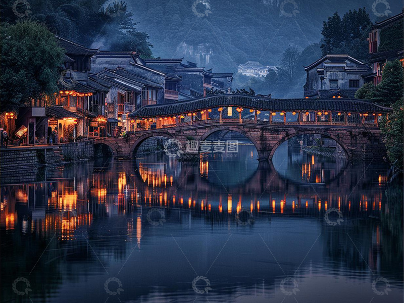 高清大图下载【趣麦麦图】灯火阑珊水边小镇夜幕景象