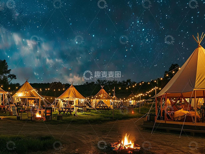 高清大图下载【趣麦麦图】灯火璀璨星光闪耀热闹露营景象
