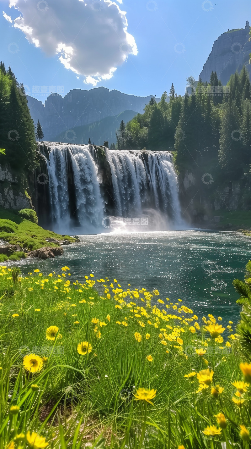 高清大图下载【趣麦麦图】夏天瀑布树林植物背景