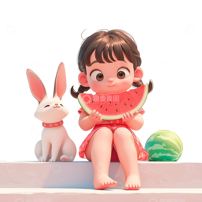 高清大图下载【趣麦麦图】兔子女孩西瓜