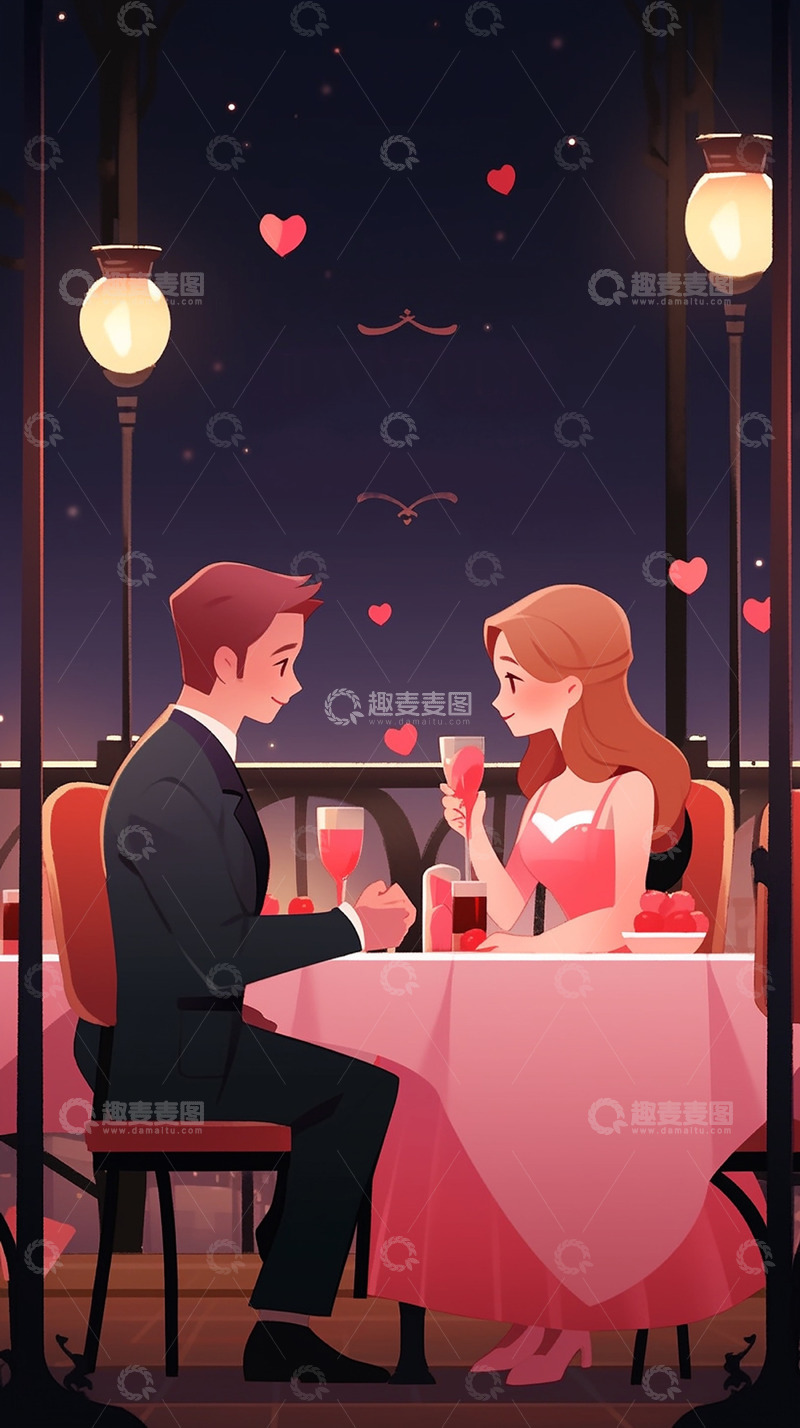 高清大图下载【趣麦麦图】情人节情侣餐厅约会