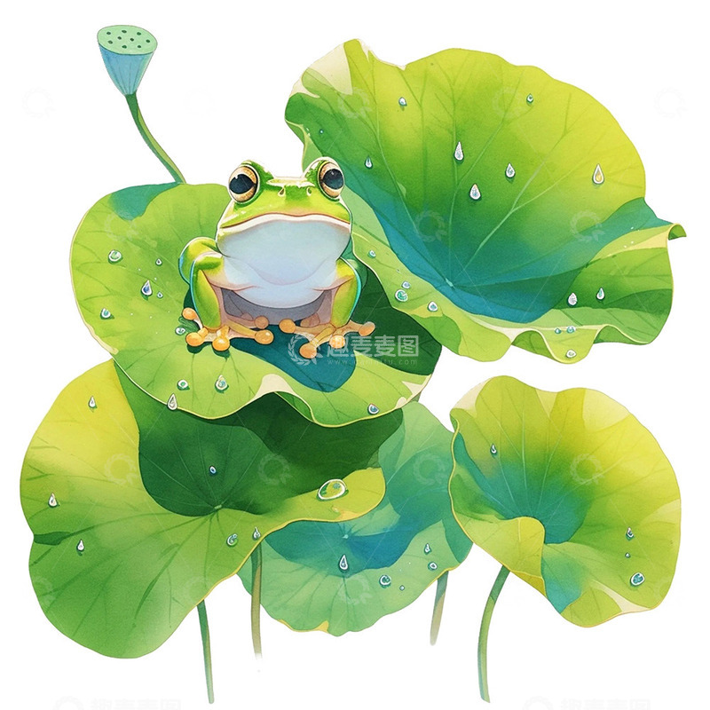 高清大图下载【趣麦麦图】绿色荷叶水珠青蛙