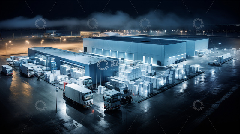 高清大图下载【趣麦麦图】夜晚仓库物流运输货物汽车场景