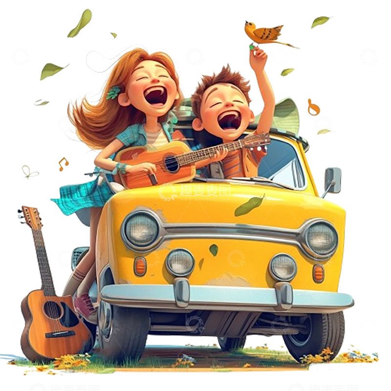 黄色车辆弹吉他的青年