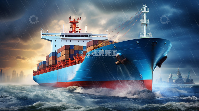 高清大图下载【趣麦麦图】下雨海浪货轮货船集装箱货物物流运输