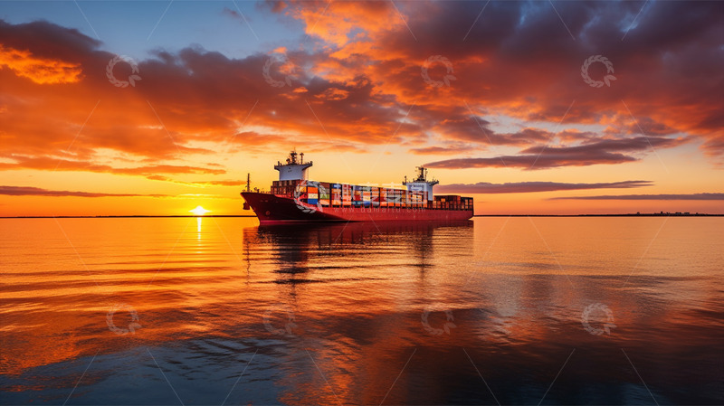 高清大图下载【趣麦麦图】广角拍摄轮船货船集装箱落日物流运输海上