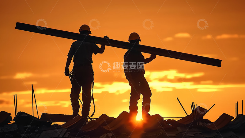 高清大图下载【趣麦麦图】工地工人搬运钢筋工作剪影形象
