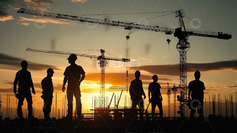 高清大图下载【趣麦麦图】建筑工地塔吊人物剪影场景形象