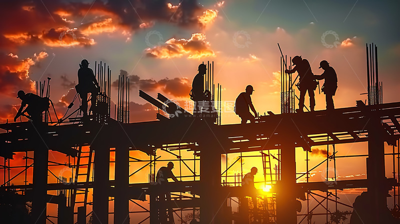 高清大图下载【趣麦麦图】桥梁建筑工地傍晚工人剪影背影