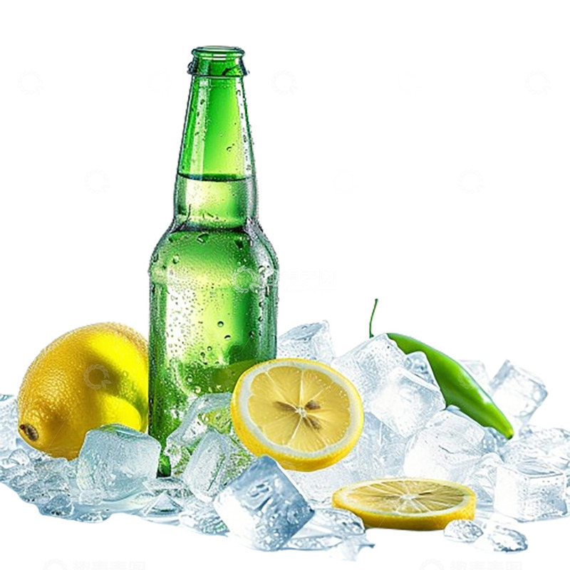 高清大图下载【趣麦麦图】冰块绿色玻璃瓶啤酒