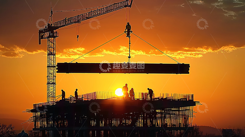 高清大图下载【趣麦麦图】建筑工地塔吊傍晚劳动场景