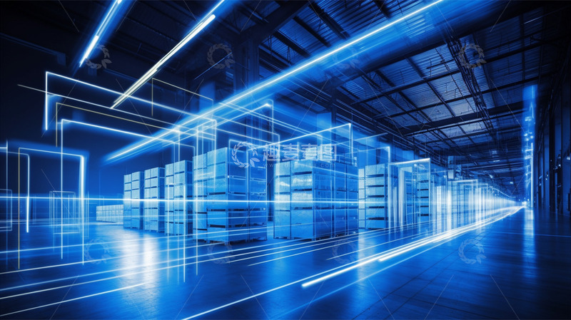 高清大图下载【趣麦麦图】蓝色光效科技仓库货物货架物流场景
