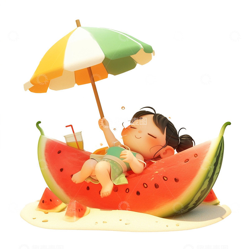 高清大图下载【趣麦麦图】阳光西瓜遮阳伞女孩