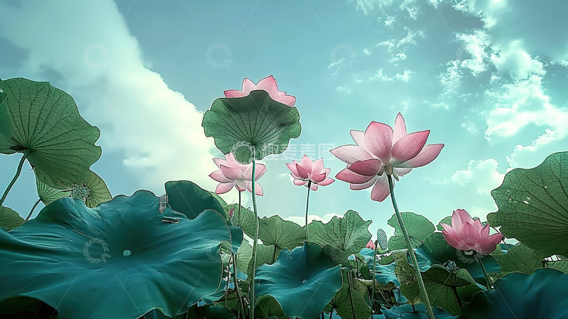 高清大图下载【趣麦麦图】蓝天天空荷塘荷花仰视特写摄影