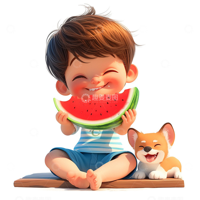 高清大图下载【趣麦麦图】西瓜男孩小狗