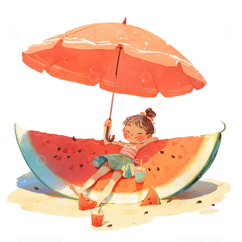 高清大图下载【趣麦麦图】遮阳伞西瓜女孩