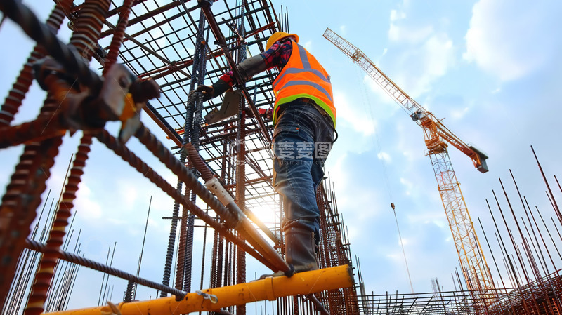 高清大图下载【趣麦麦图】建筑工地钢筋搭建劳动工人人物