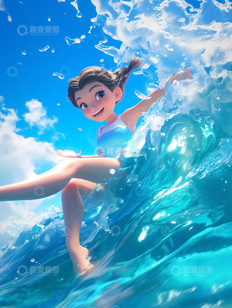 高清大图下载【趣麦麦图】儿童节冲浪的女孩