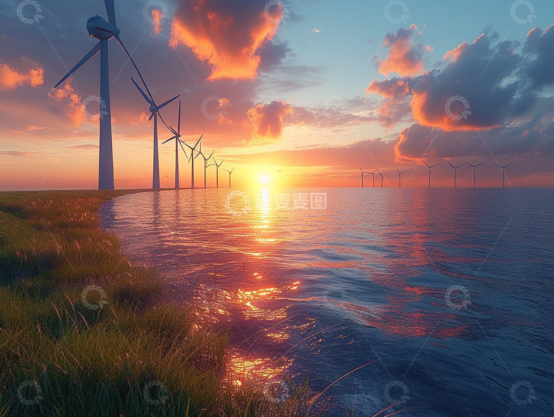 高清大图下载【趣麦麦图】夕阳海上发电设备