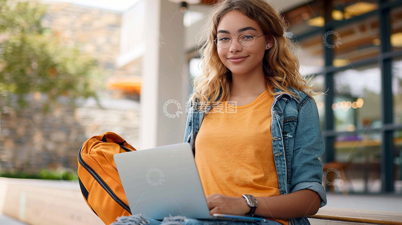 高清大图下载【趣麦麦图】在台阶上敲电脑的女孩