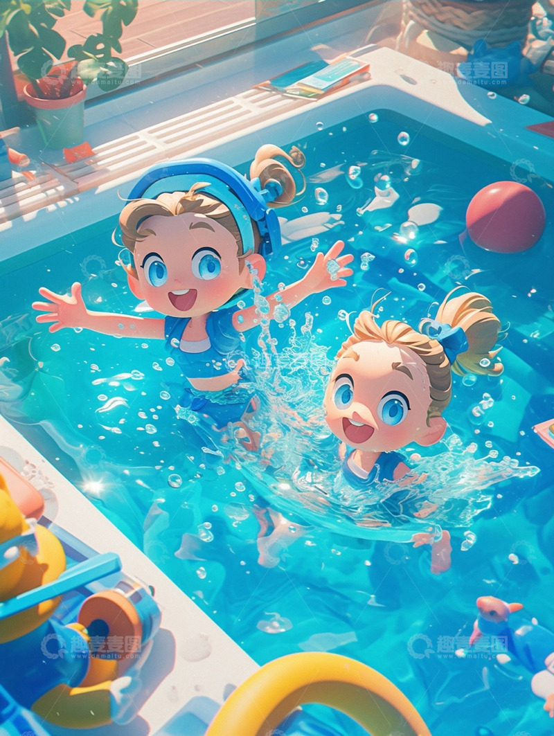 高清大图下载【趣麦麦图】泳池玩耍的好朋友