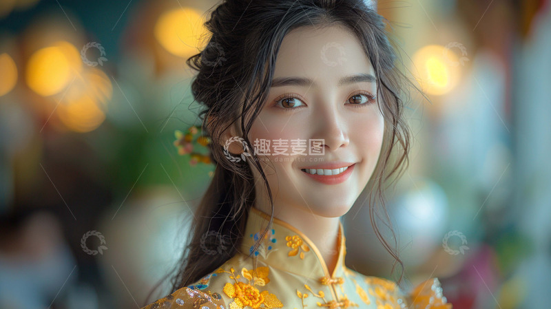 高清大图下载【趣麦麦图】穿旗袍的卷发女生