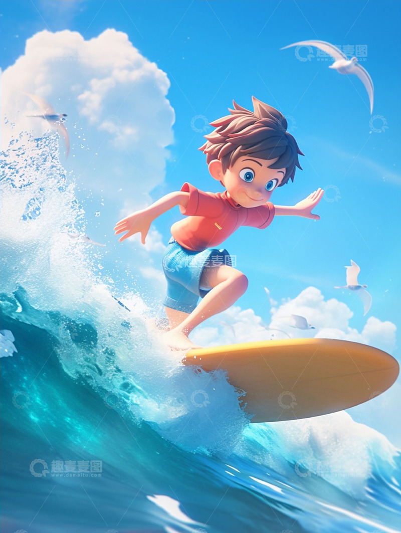 高清大图下载【趣麦麦图】儿童节海上冲浪的男孩
