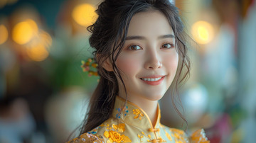 穿旗袍的卷发女生