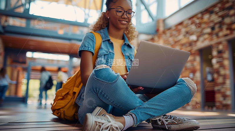 高清大图下载【趣麦麦图】坐在地上办公的非洲女性