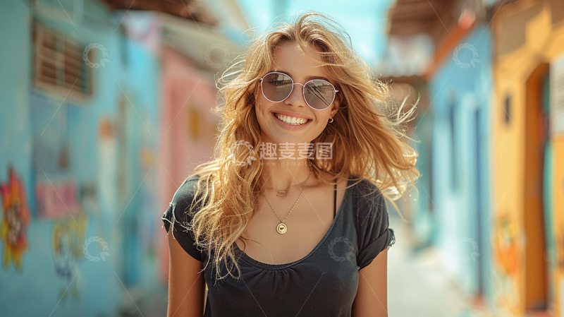 高清大图下载【趣麦麦图】戴墨镜微笑的女生