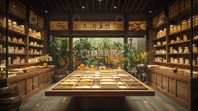 高清大图下载【趣麦麦图】中药铺的桌子上放满了药材