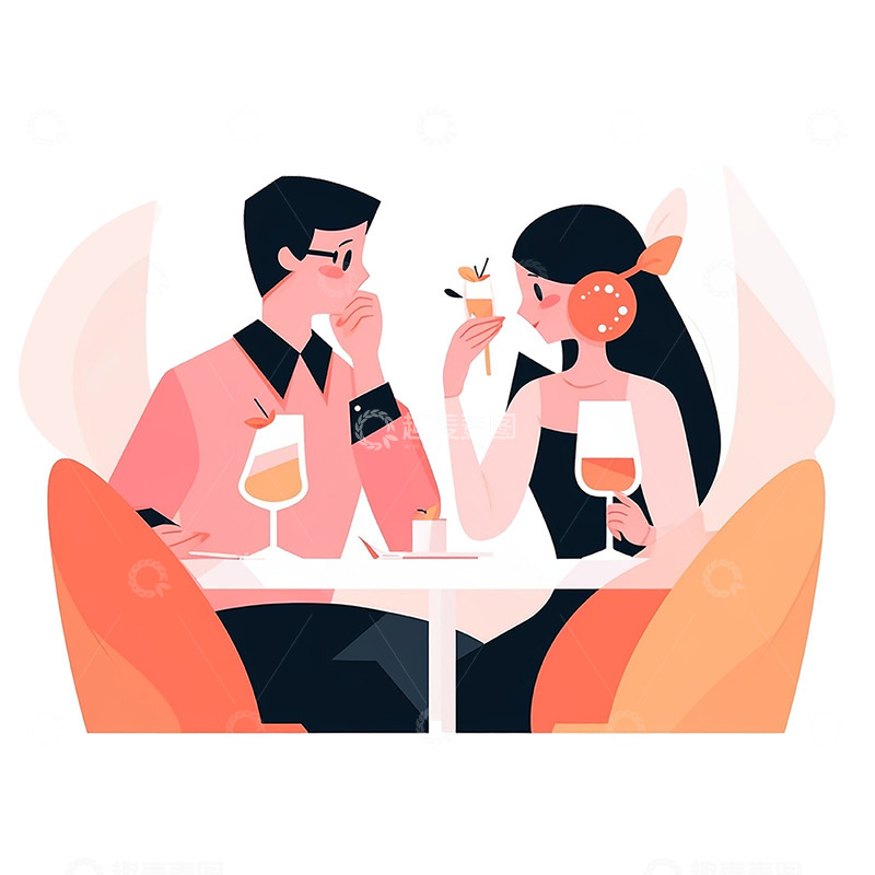 高清大图下载【趣麦麦图】卡通餐厅约会情侣