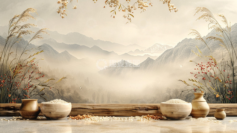 高清大图下载【趣麦麦图】中国风粮食水墨画背景
